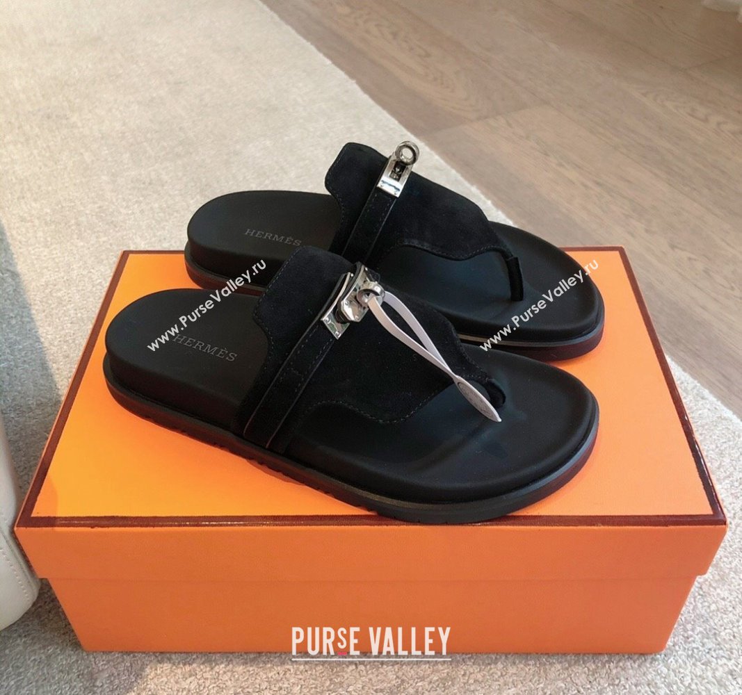 Hermes Empire Thong Slide Sandal in Suede with Kelly Buckle Black 2024 (XC-240703016)