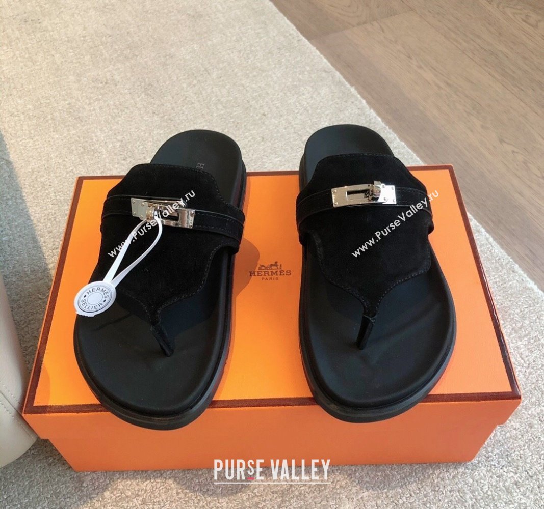 Hermes Empire Thong Slide Sandal in Suede with Kelly Buckle Black 2024 (XC-240703016)