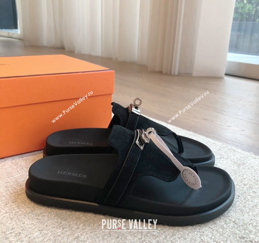 Hermes Empire Thong Slide Sandal in Suede with Kelly Buckle Black 2024 (XC-240703016)