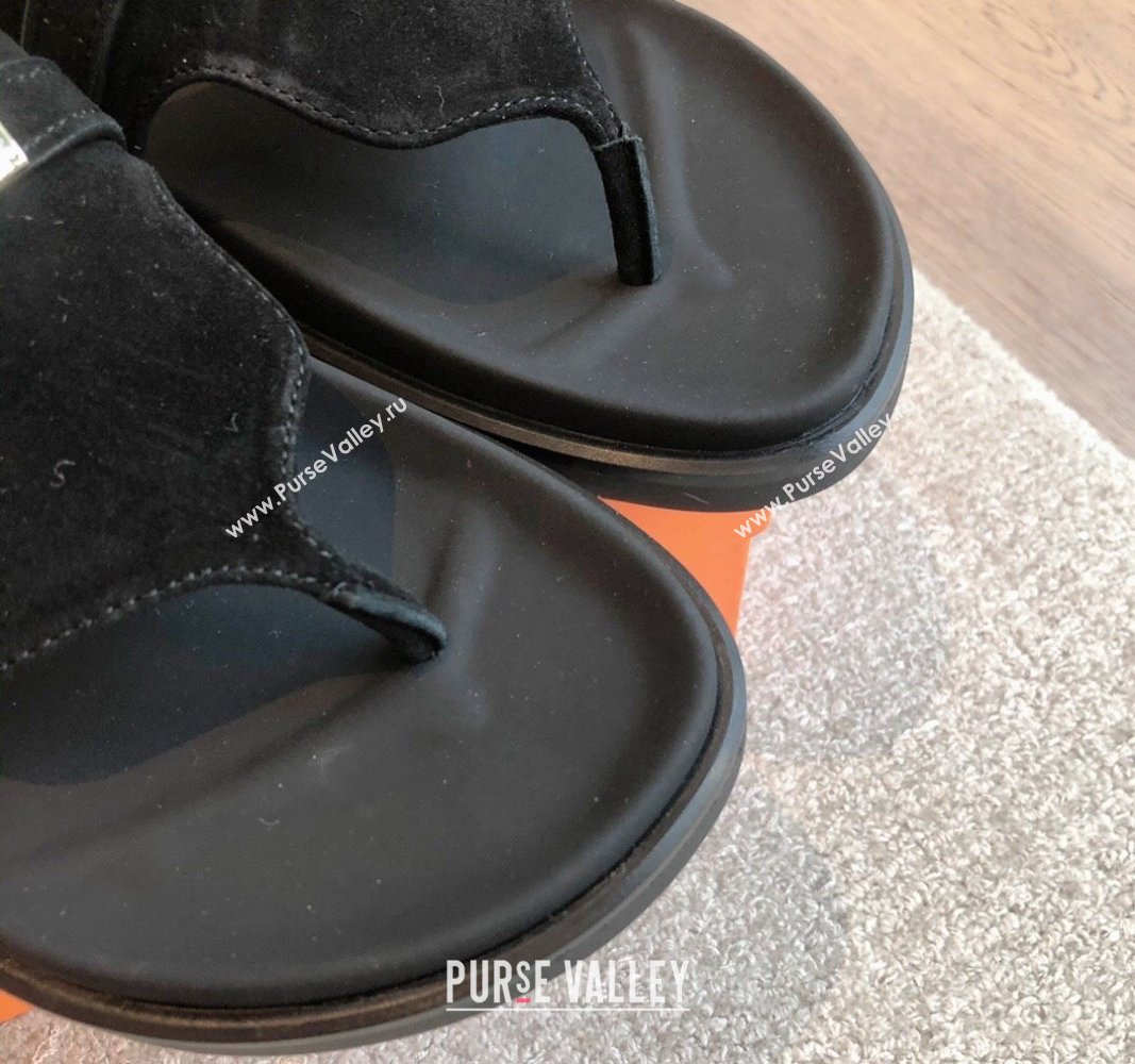 Hermes Empire Thong Slide Sandal in Suede with Kelly Buckle Black 2024 (XC-240703016)