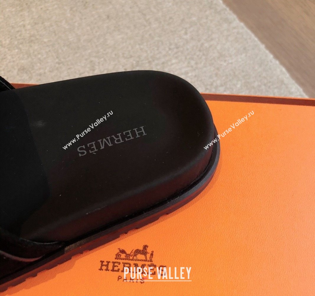 Hermes Empire Thong Slide Sandal in Suede with Kelly Buckle Black 2024 (XC-240703016)