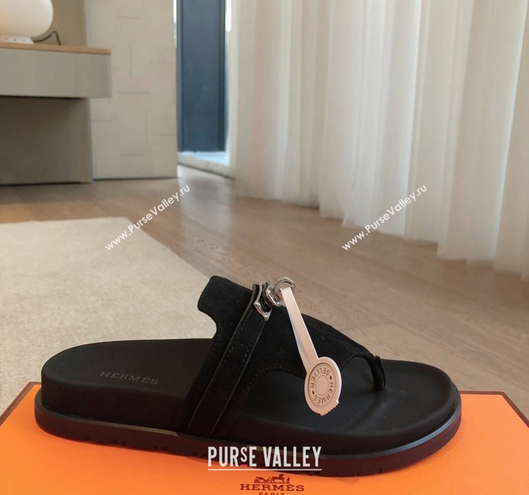 Hermes Empire Thong Slide Sandal in Suede with Kelly Buckle Black 2024 (XC-240703016)