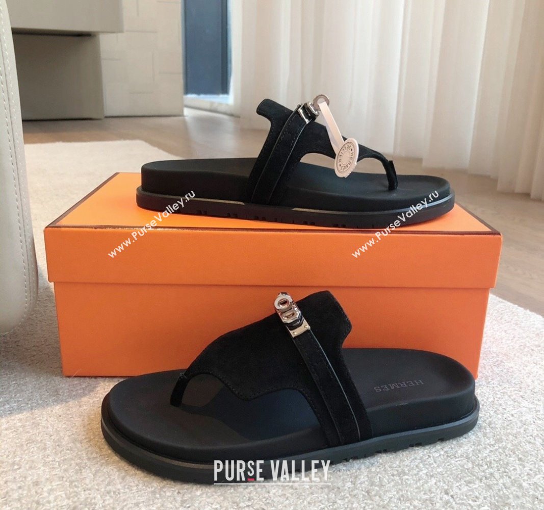 Hermes Empire Thong Slide Sandal in Suede with Kelly Buckle Black 2024 (XC-240703016)