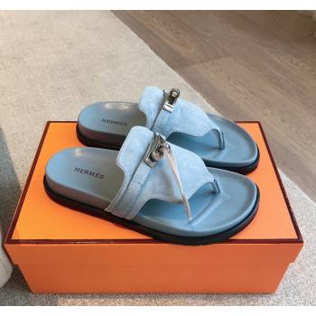 Hermes Empire Thong Slide Sandal in Suede with Kelly Buckle Light Blue 2024 (XC-240703017)