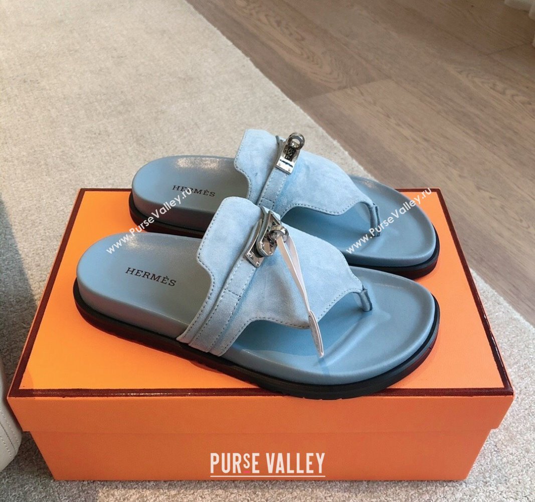 Hermes Empire Thong Slide Sandal in Suede with Kelly Buckle Light Blue 2024 (XC-240703017)