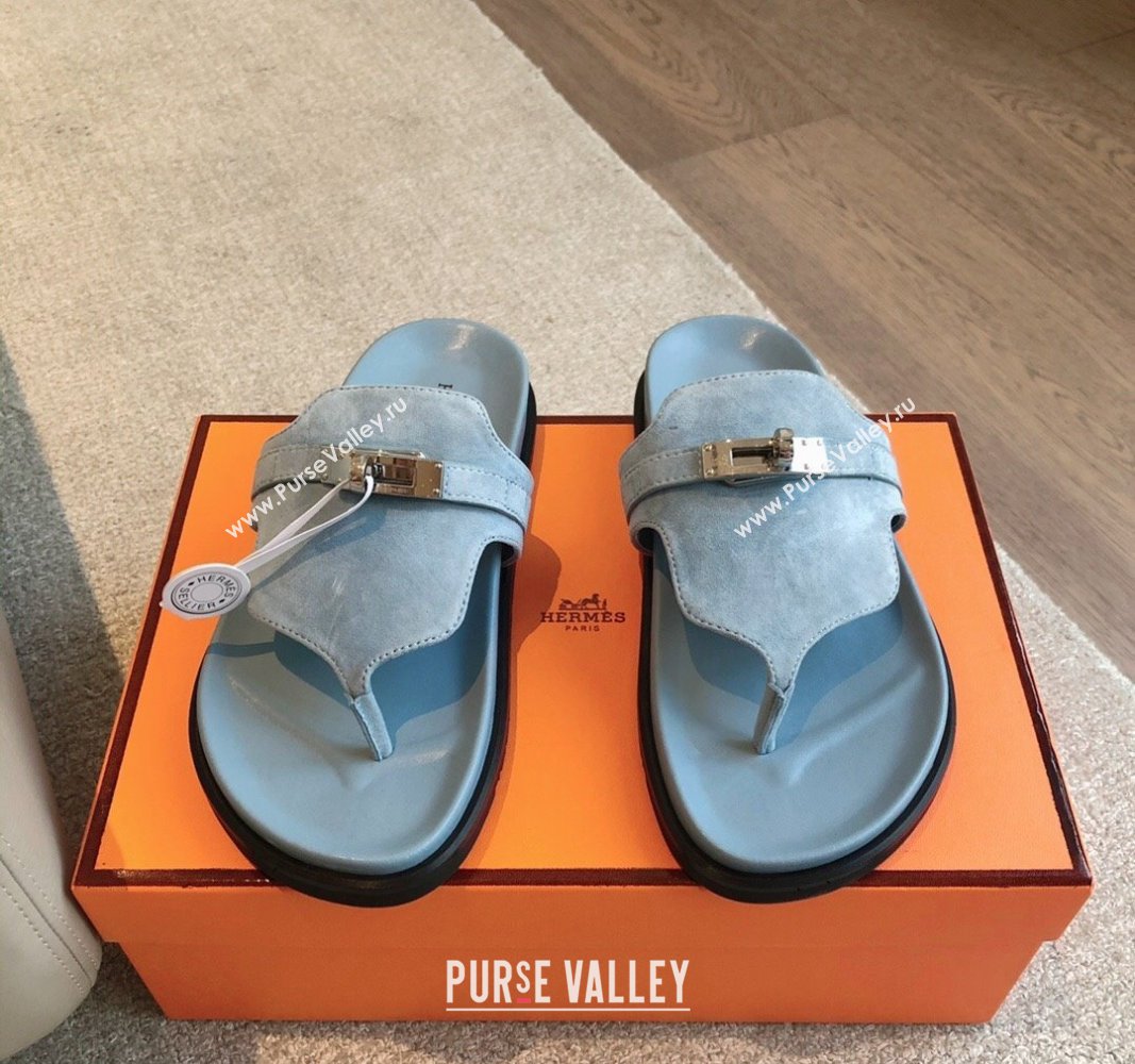 Hermes Empire Thong Slide Sandal in Suede with Kelly Buckle Light Blue 2024 (XC-240703017)