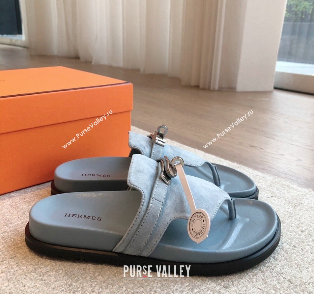 Hermes Empire Thong Slide Sandal in Suede with Kelly Buckle Light Blue 2024 (XC-240703017)