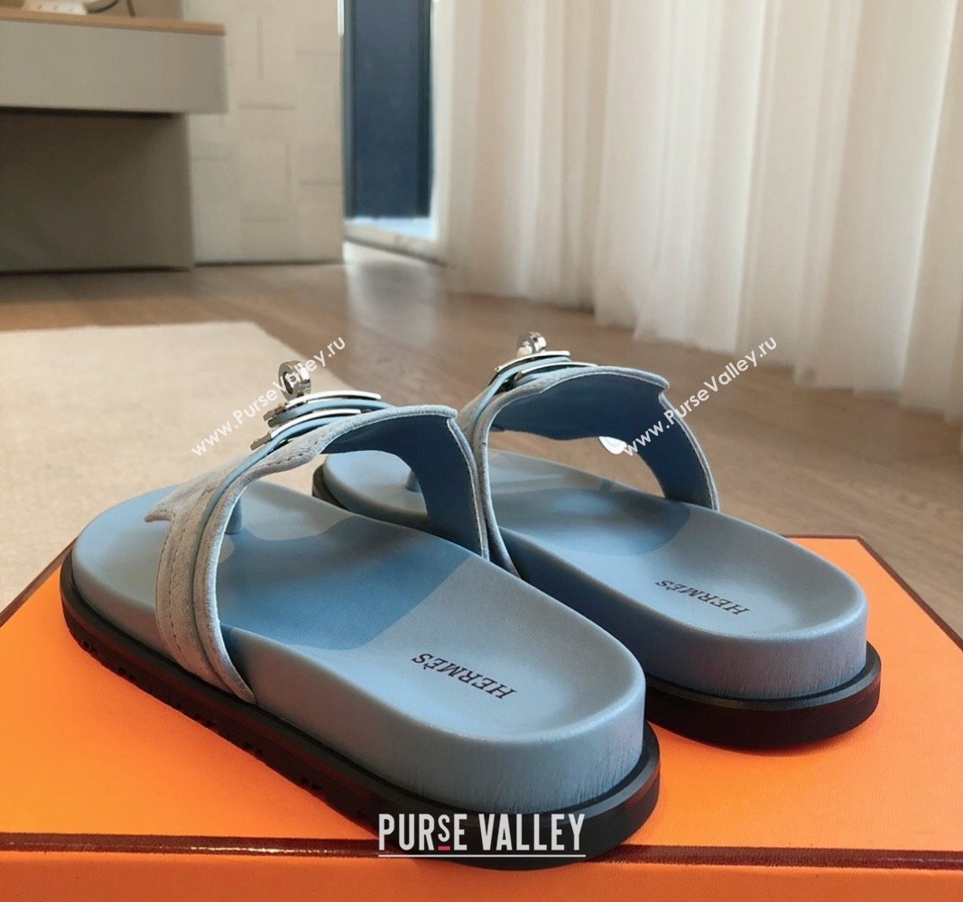 Hermes Empire Thong Slide Sandal in Suede with Kelly Buckle Light Blue 2024 (XC-240703017)