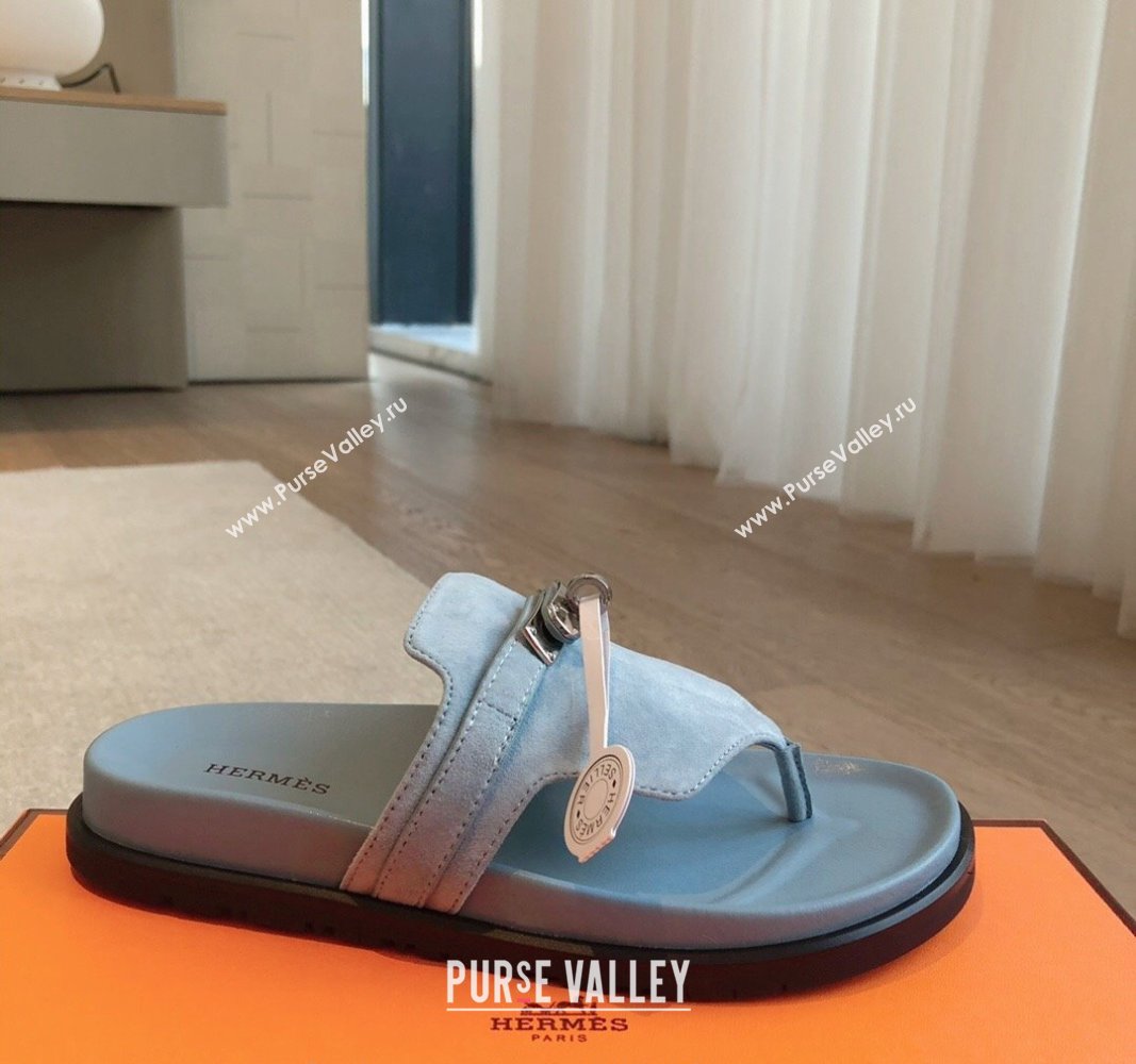 Hermes Empire Thong Slide Sandal in Suede with Kelly Buckle Light Blue 2024 (XC-240703017)