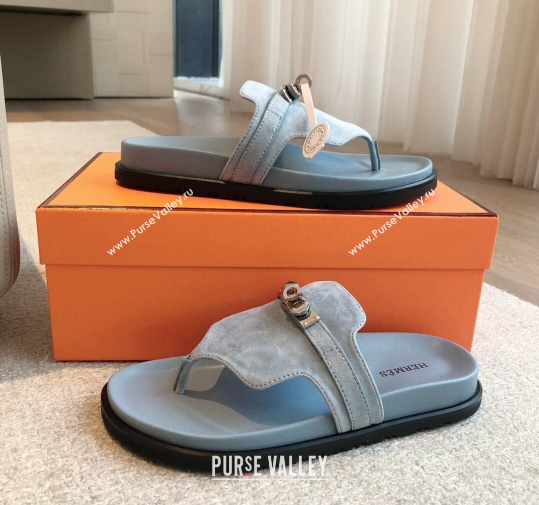 Hermes Empire Thong Slide Sandal in Suede with Kelly Buckle Light Blue 2024 (XC-240703017)