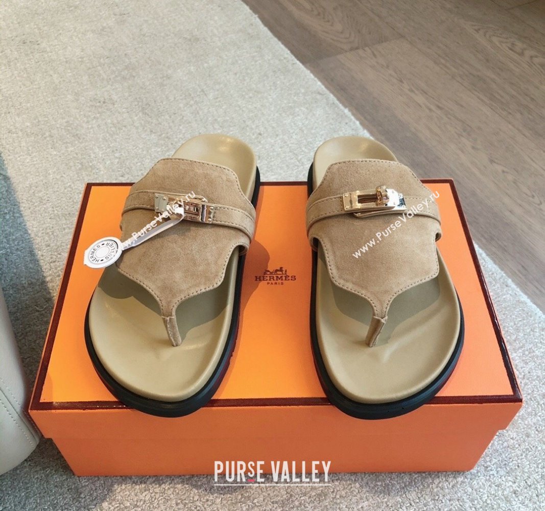 Hermes Empire Thong Slide Sandal in Suede with Kelly Buckle Beige 2024 (XC-240703018)