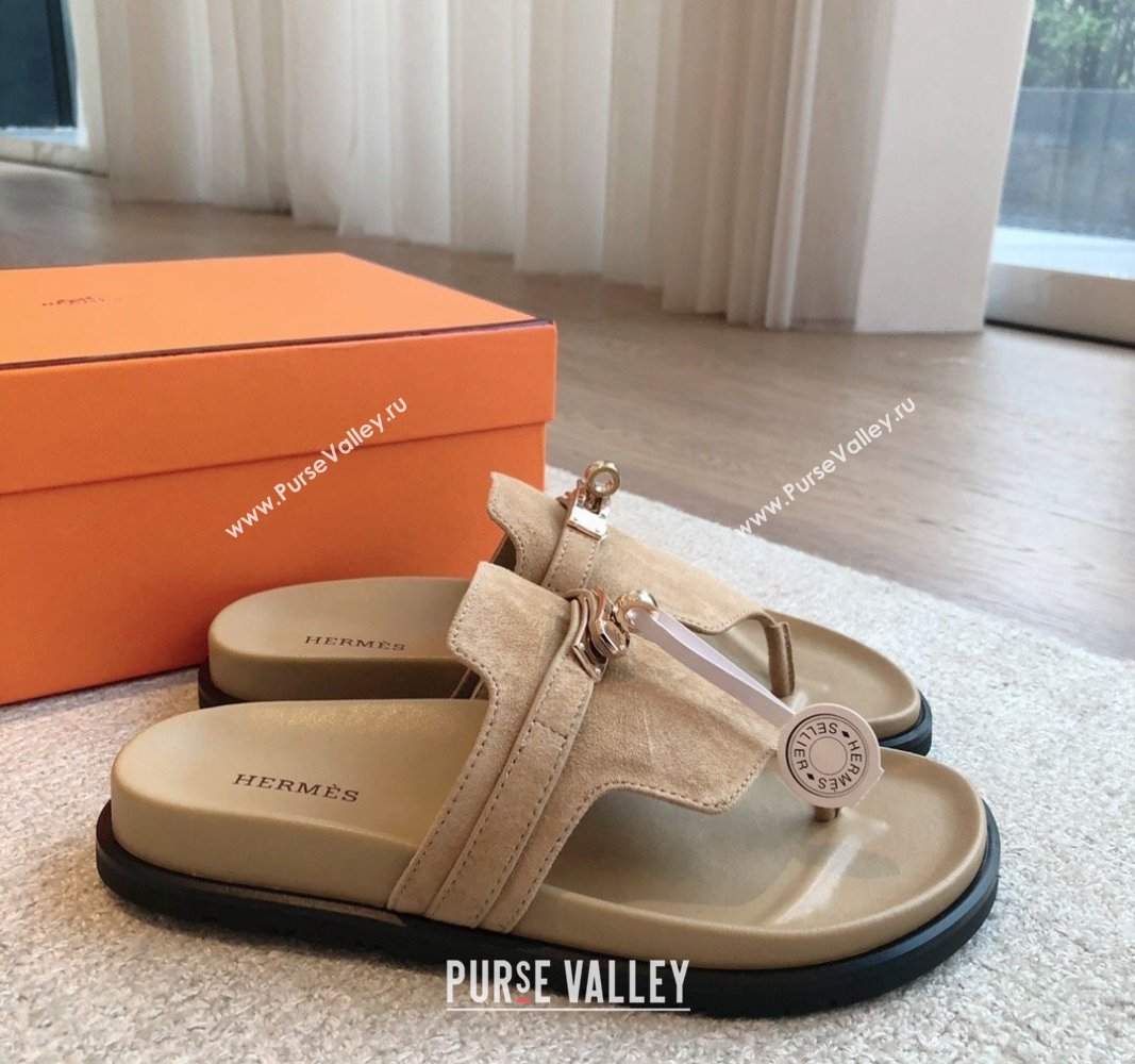 Hermes Empire Thong Slide Sandal in Suede with Kelly Buckle Beige 2024 (XC-240703018)