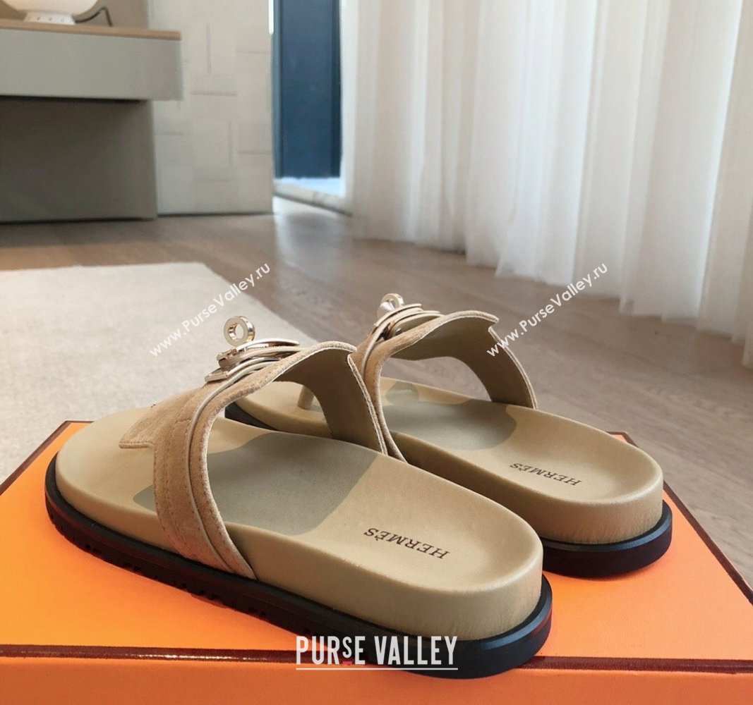 Hermes Empire Thong Slide Sandal in Suede with Kelly Buckle Beige 2024 (XC-240703018)