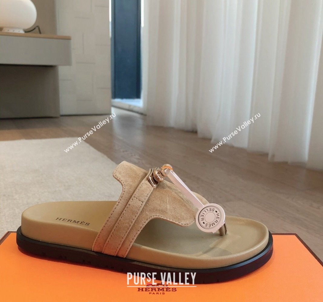 Hermes Empire Thong Slide Sandal in Suede with Kelly Buckle Beige 2024 (XC-240703018)