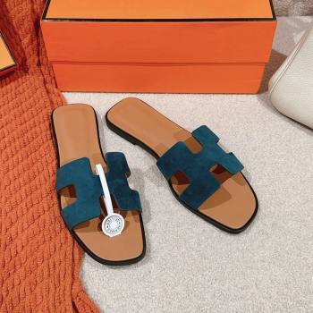 Hermes Classic Oran Flat Slide Sandals in Suede Green 2024 0703 (MD-240703003)