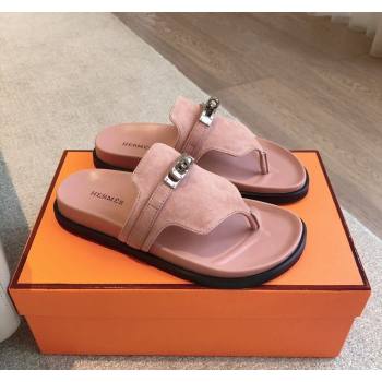 Hermes Empire Thong Slide Sandal in Suede with Kelly Buckle Light Pink 2024 (XC-240703019)