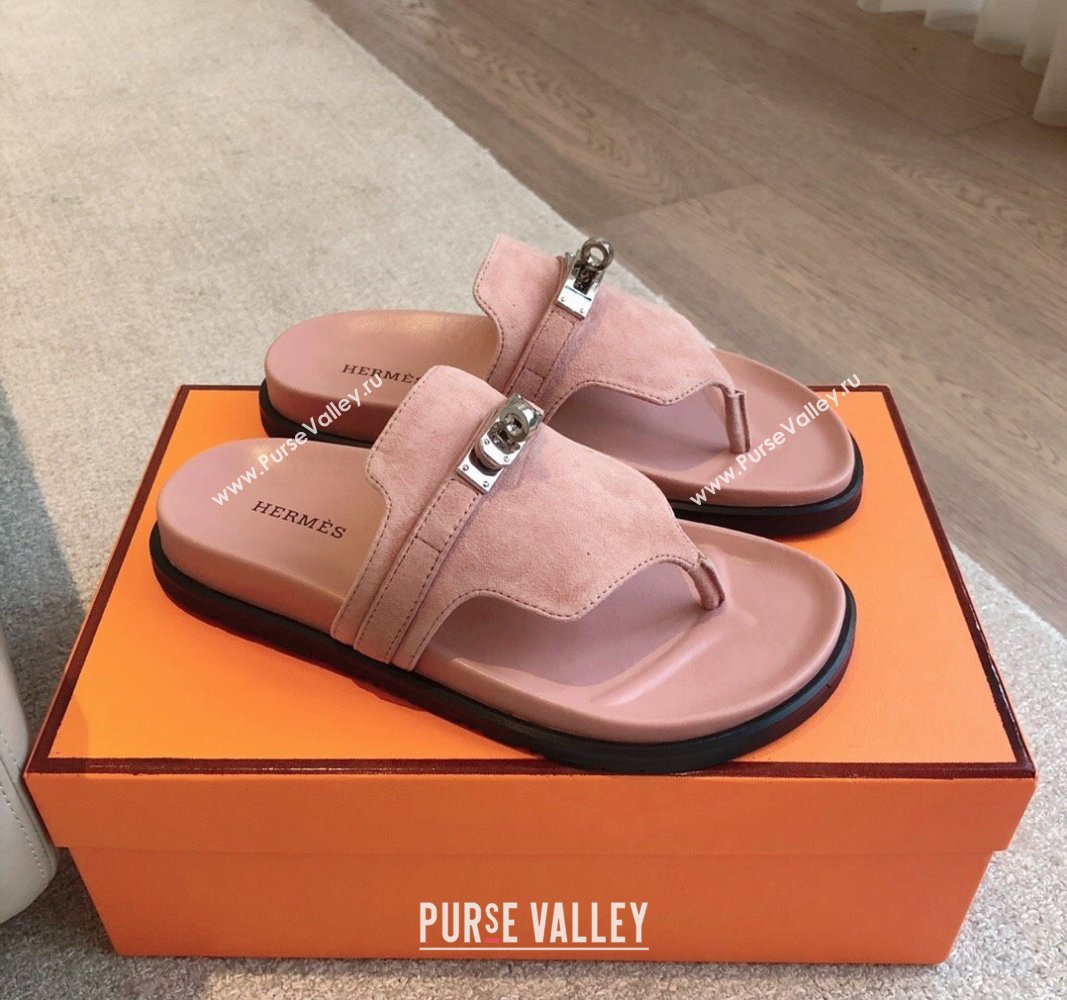 Hermes Empire Thong Slide Sandal in Suede with Kelly Buckle Light Pink 2024 (XC-240703019)