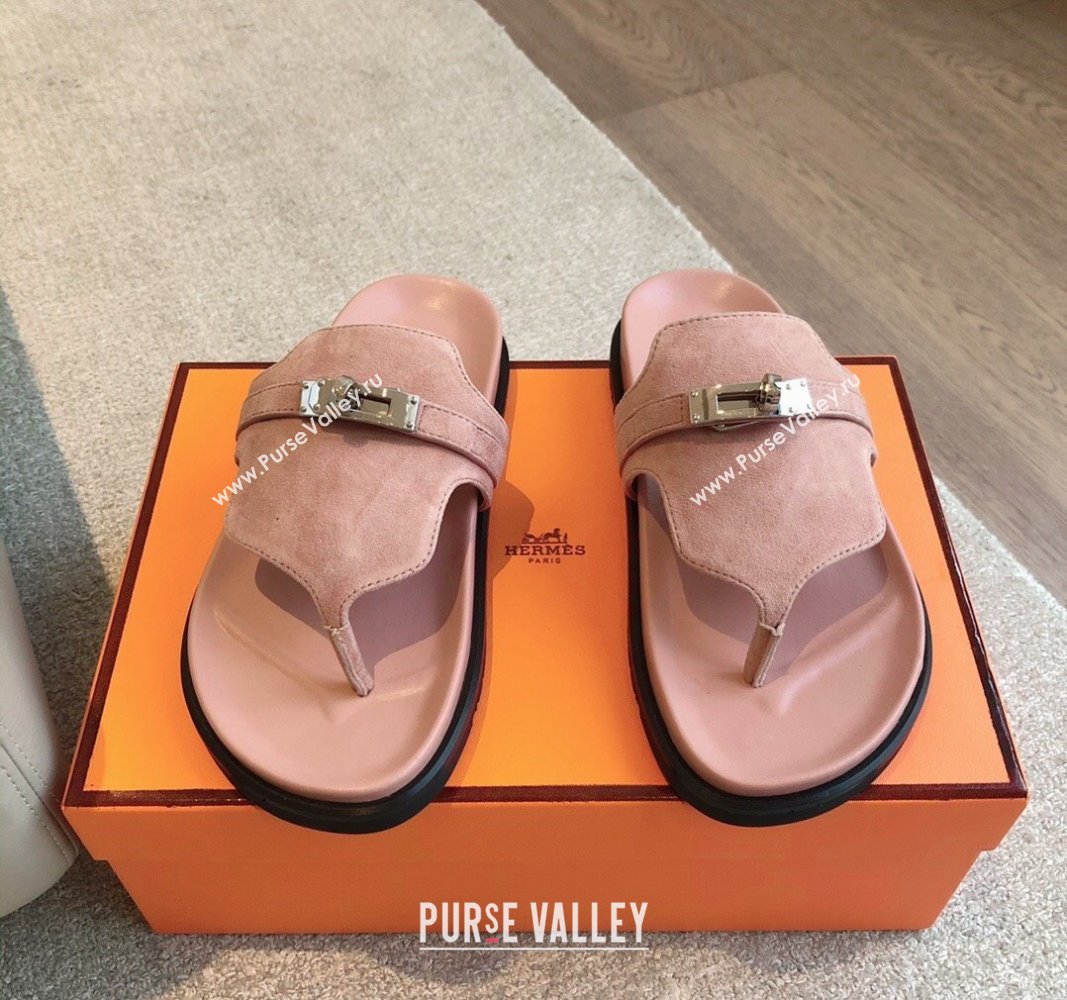 Hermes Empire Thong Slide Sandal in Suede with Kelly Buckle Light Pink 2024 (XC-240703019)