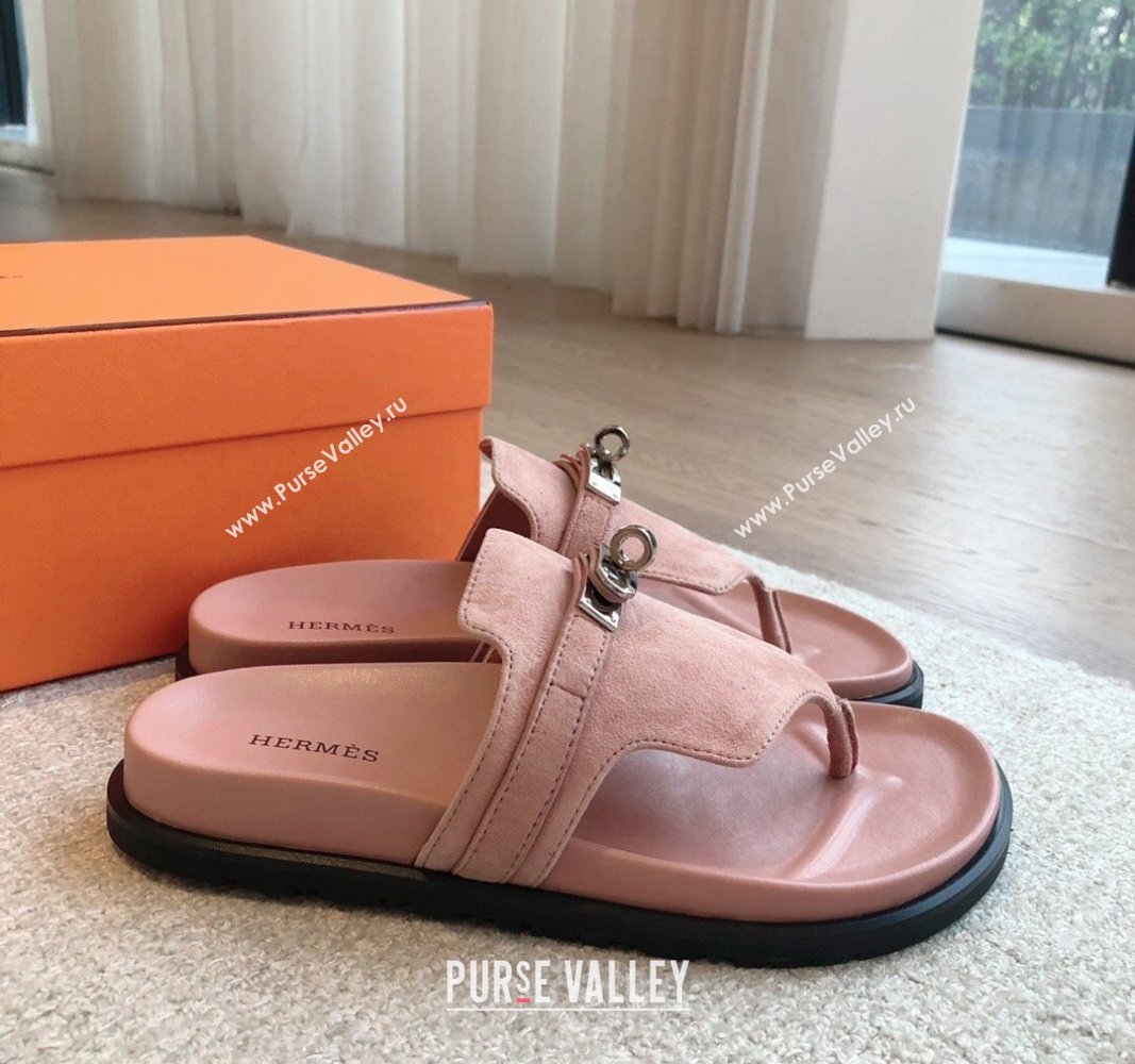 Hermes Empire Thong Slide Sandal in Suede with Kelly Buckle Light Pink 2024 (XC-240703019)