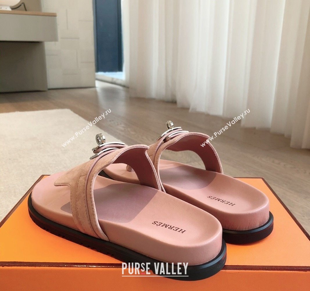 Hermes Empire Thong Slide Sandal in Suede with Kelly Buckle Light Pink 2024 (XC-240703019)