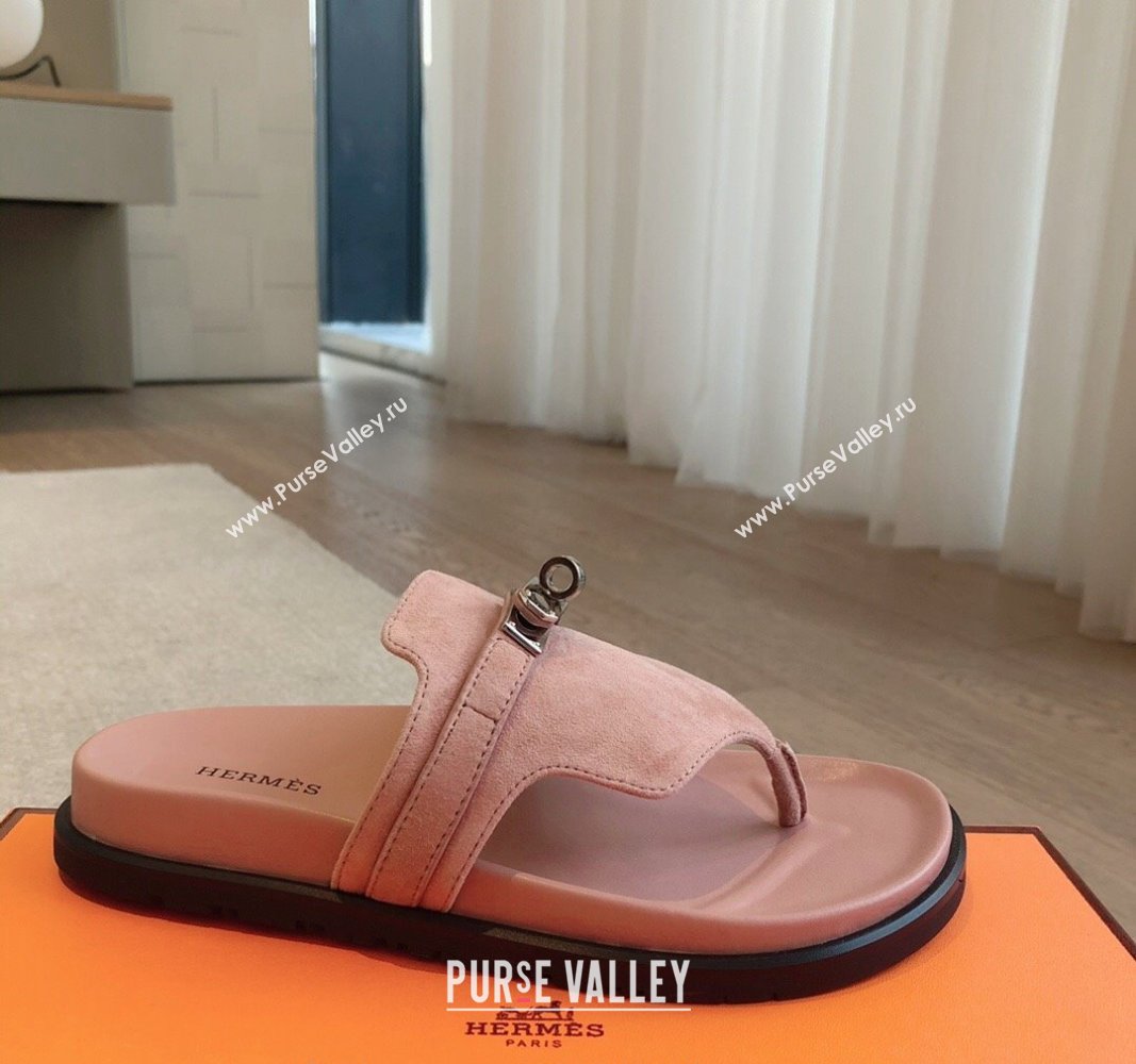 Hermes Empire Thong Slide Sandal in Suede with Kelly Buckle Light Pink 2024 (XC-240703019)