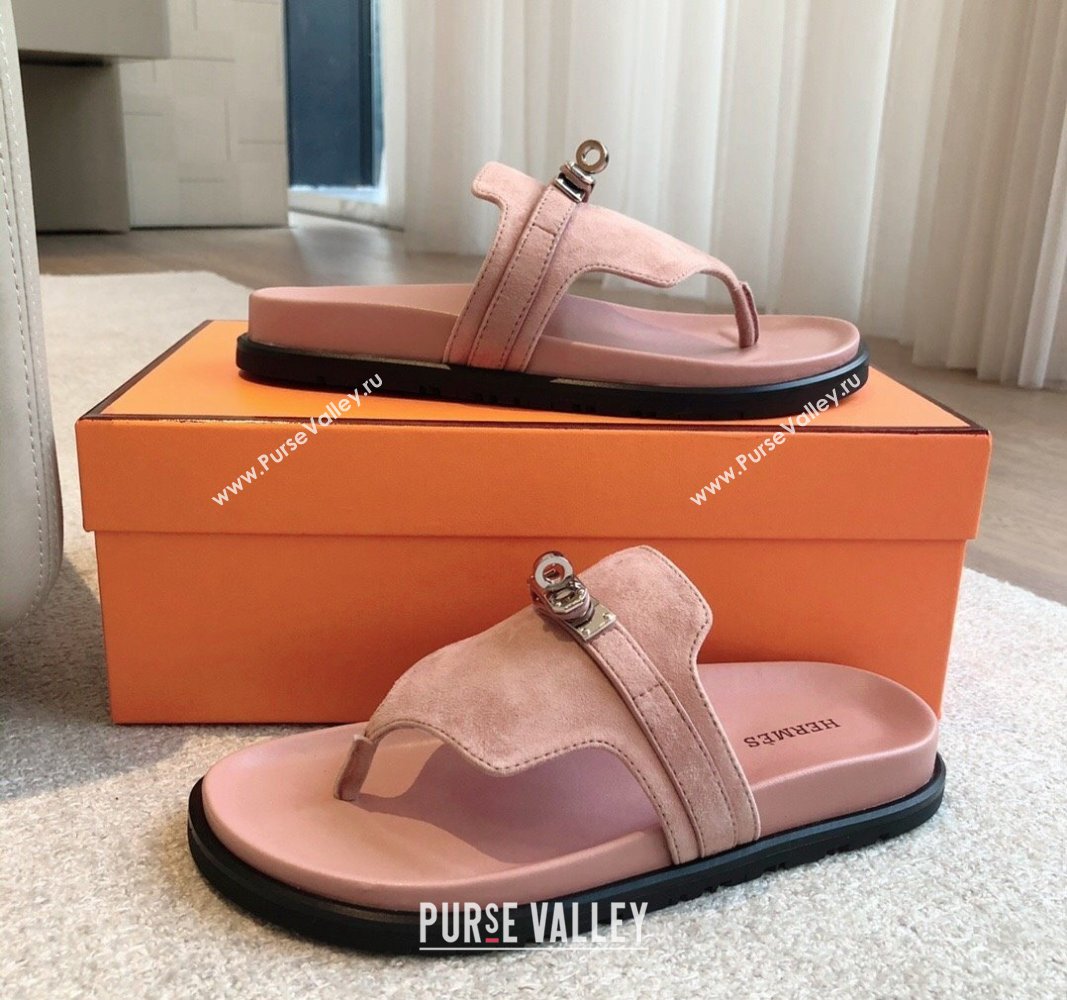 Hermes Empire Thong Slide Sandal in Suede with Kelly Buckle Light Pink 2024 (XC-240703019)