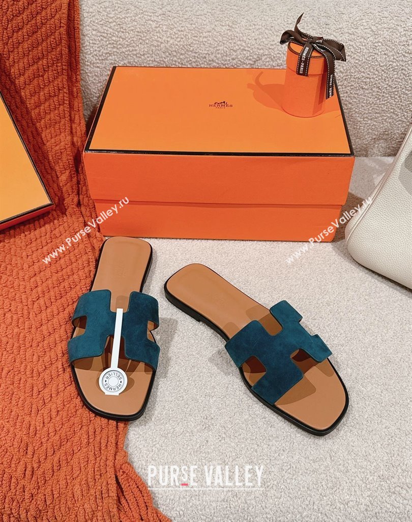 Hermes Classic Oran Flat Slide Sandals in Suede Green 2024 0703 (MD-240703003)