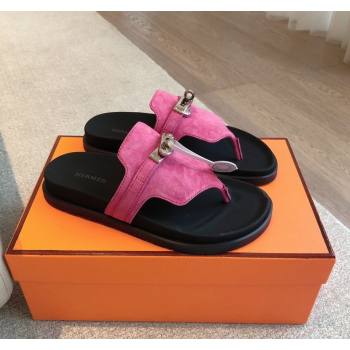 Hermes Empire Thong Slide Sandal in Suede with Kelly Buckle Dark Pink 2024 (XC-240703021)