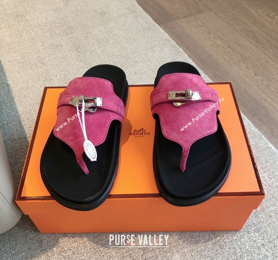 Hermes Empire Thong Slide Sandal in Suede with Kelly Buckle Dark Pink 2024 (XC-240703021)