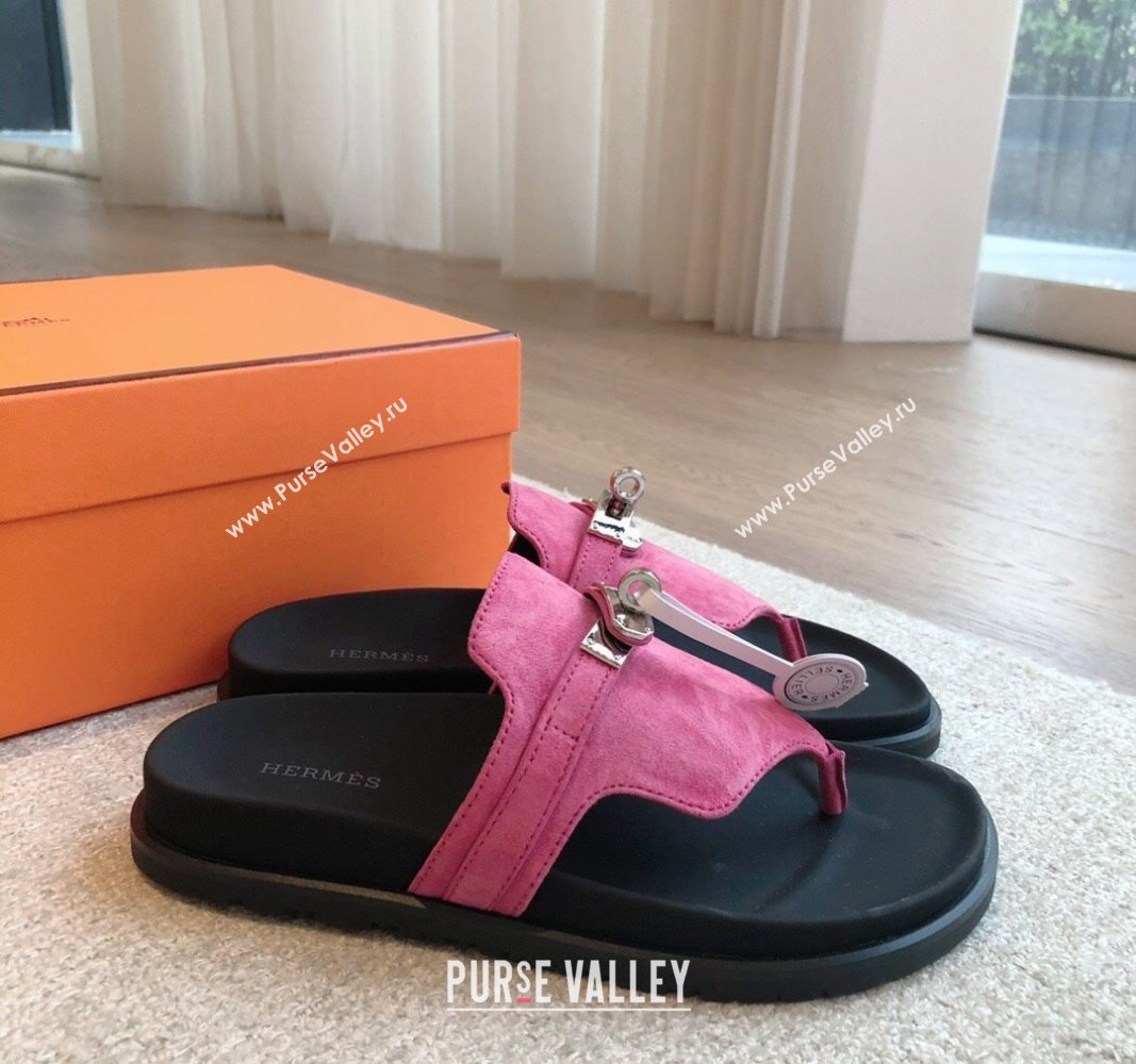 Hermes Empire Thong Slide Sandal in Suede with Kelly Buckle Dark Pink 2024 (XC-240703021)