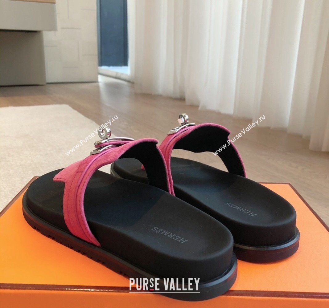 Hermes Empire Thong Slide Sandal in Suede with Kelly Buckle Dark Pink 2024 (XC-240703021)