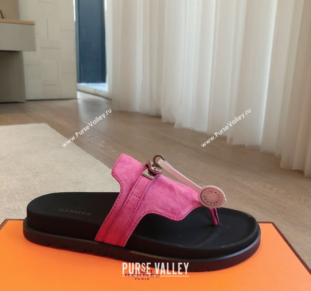 Hermes Empire Thong Slide Sandal in Suede with Kelly Buckle Dark Pink 2024 (XC-240703021)