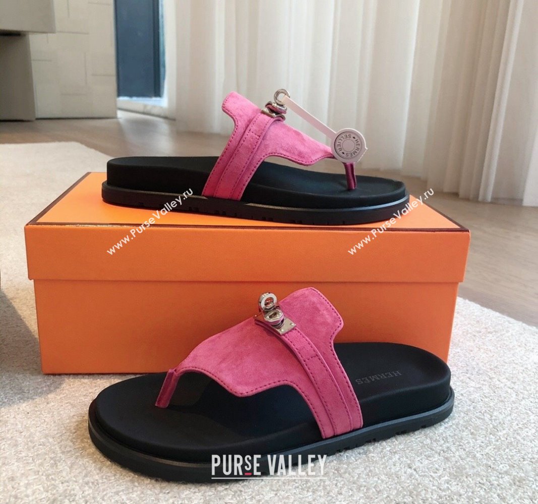 Hermes Empire Thong Slide Sandal in Suede with Kelly Buckle Dark Pink 2024 (XC-240703021)