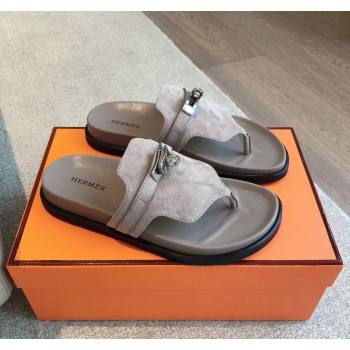 Hermes Empire Thong Slide Sandal in Suede with Kelly Buckle Grey 2 2024 (XC-240703022)