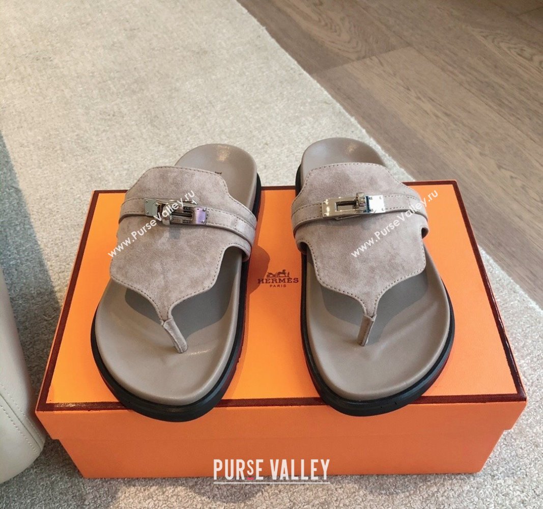 Hermes Empire Thong Slide Sandal in Suede with Kelly Buckle Grey 2 2024 (XC-240703022)