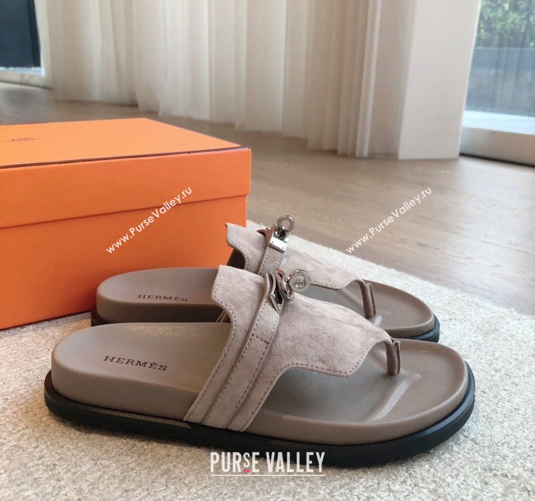 Hermes Empire Thong Slide Sandal in Suede with Kelly Buckle Grey 2 2024 (XC-240703022)