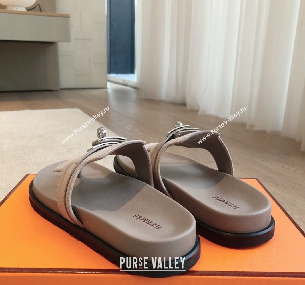 Hermes Empire Thong Slide Sandal in Suede with Kelly Buckle Grey 2 2024 (XC-240703022)