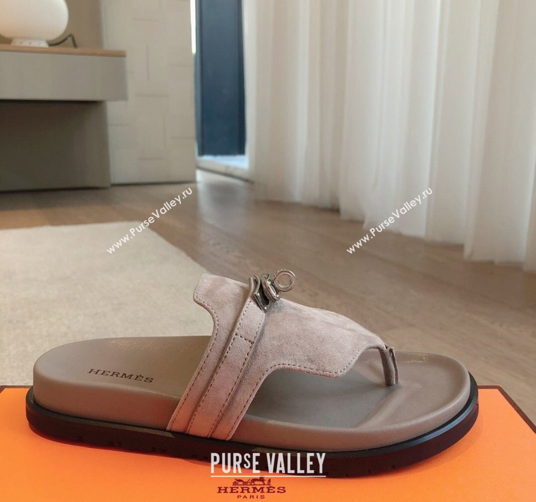 Hermes Empire Thong Slide Sandal in Suede with Kelly Buckle Grey 2 2024 (XC-240703022)