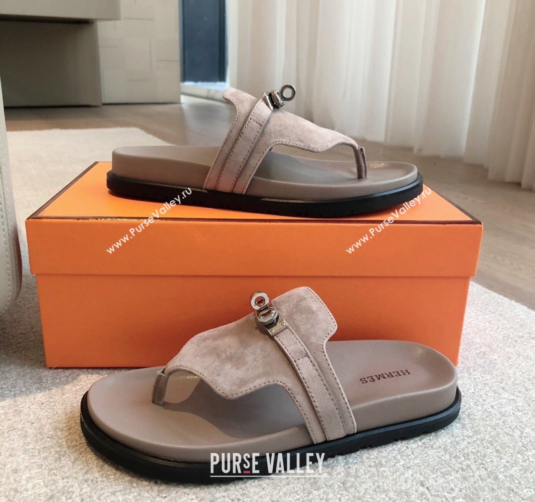 Hermes Empire Thong Slide Sandal in Suede with Kelly Buckle Grey 2 2024 (XC-240703022)