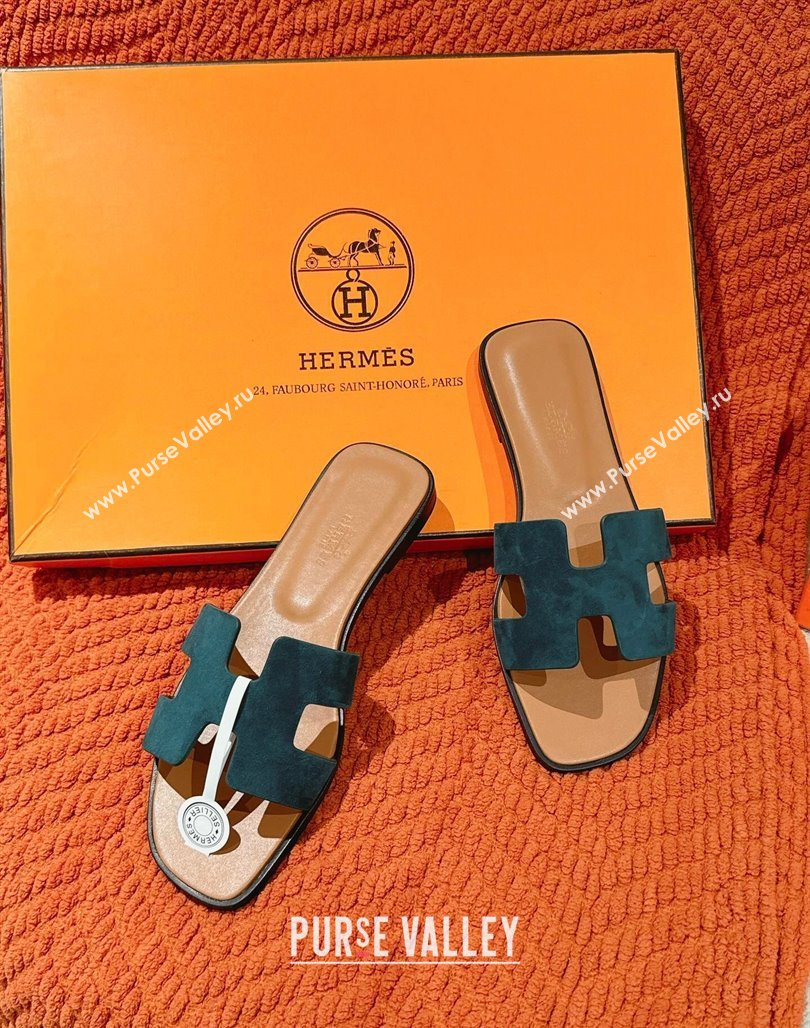 Hermes Classic Oran Flat Slide Sandals in Suede Green 2024 0703 (MD-240703003)