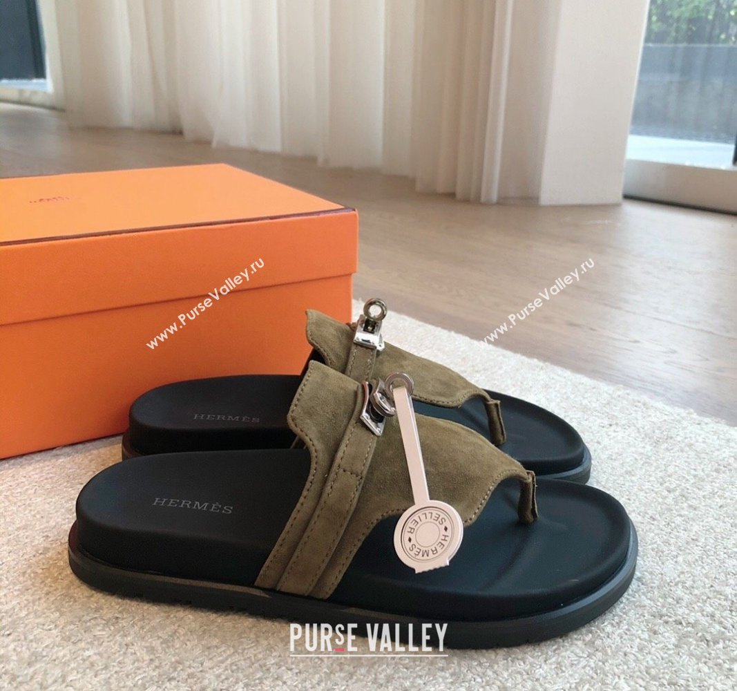 Hermes Empire Thong Slide Sandal in Suede with Kelly Buckle Khaki Green 2024 (XC-240703023)