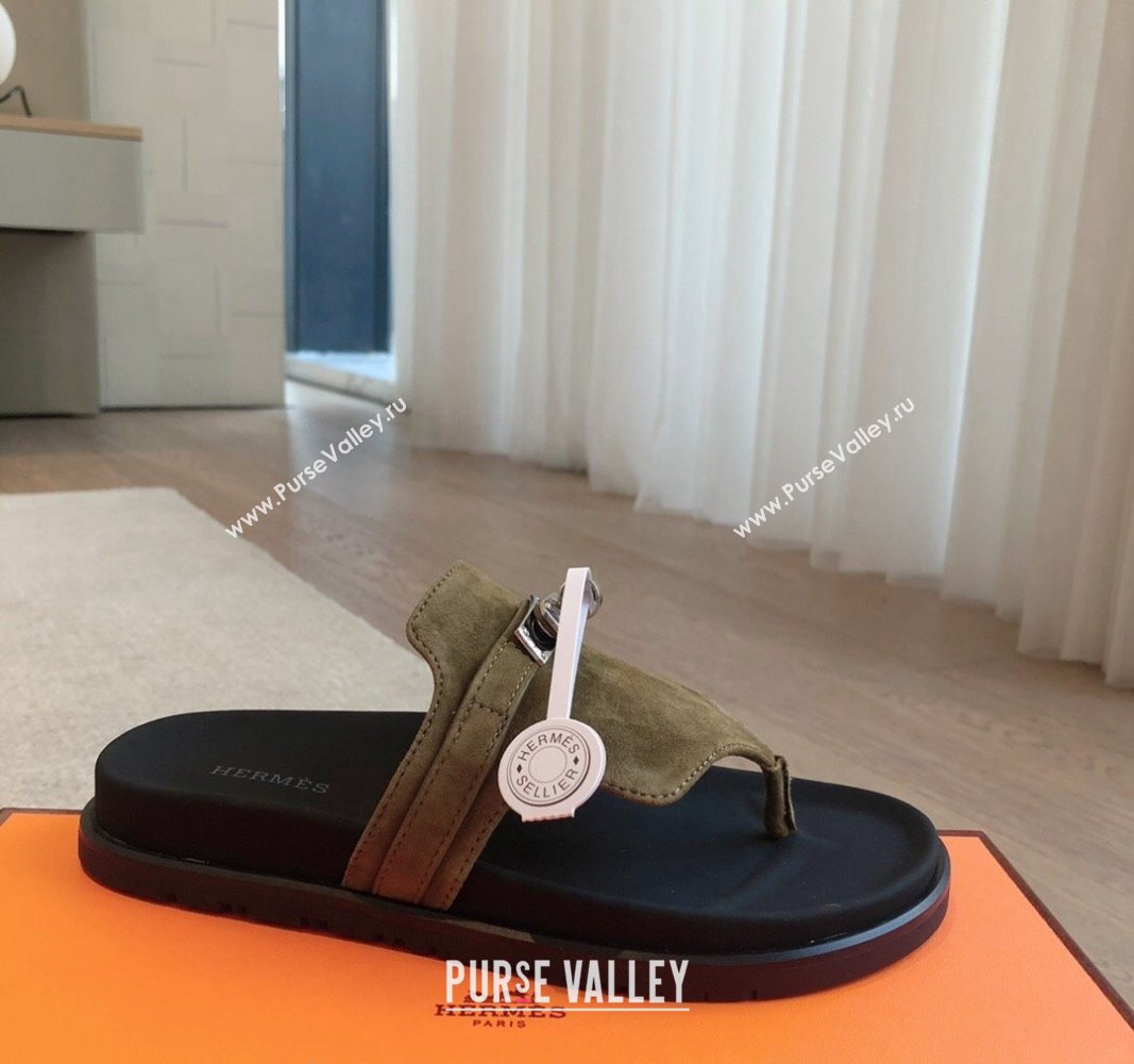 Hermes Empire Thong Slide Sandal in Suede with Kelly Buckle Khaki Green 2024 (XC-240703023)