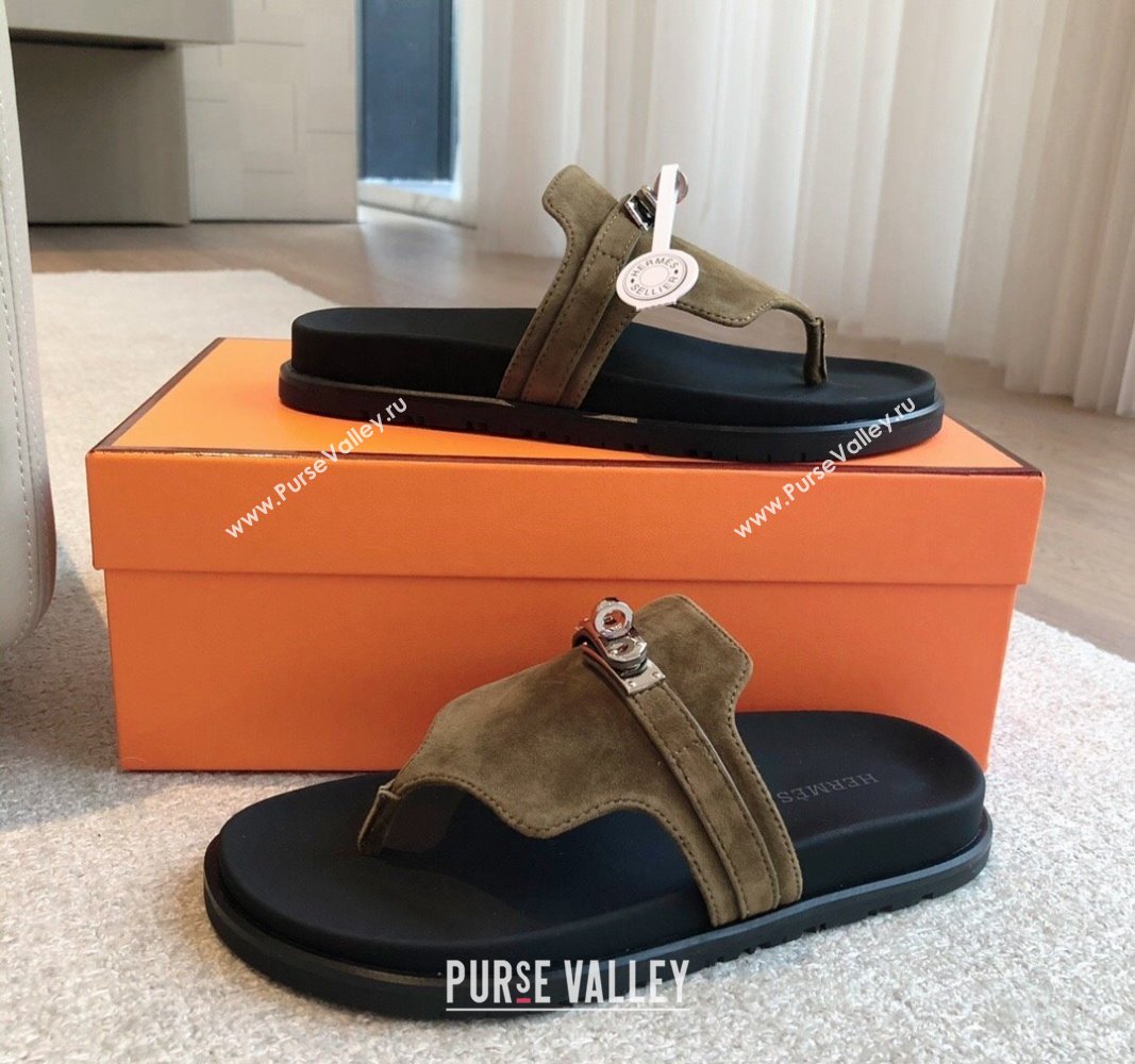 Hermes Empire Thong Slide Sandal in Suede with Kelly Buckle Khaki Green 2024 (XC-240703023)