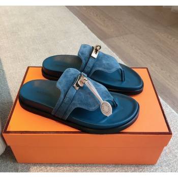 Hermes Empire Thong Slide Sandal in Suede with Kelly Buckle Dark Blue 2024 (XC-240703024)