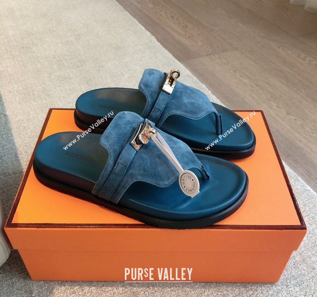 Hermes Empire Thong Slide Sandal in Suede with Kelly Buckle Dark Blue 2024 (XC-240703024)