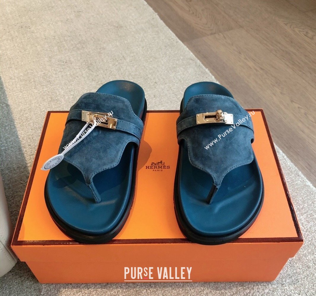 Hermes Empire Thong Slide Sandal in Suede with Kelly Buckle Dark Blue 2024 (XC-240703024)