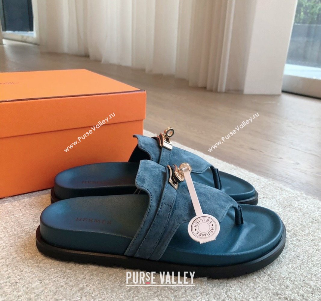 Hermes Empire Thong Slide Sandal in Suede with Kelly Buckle Dark Blue 2024 (XC-240703024)