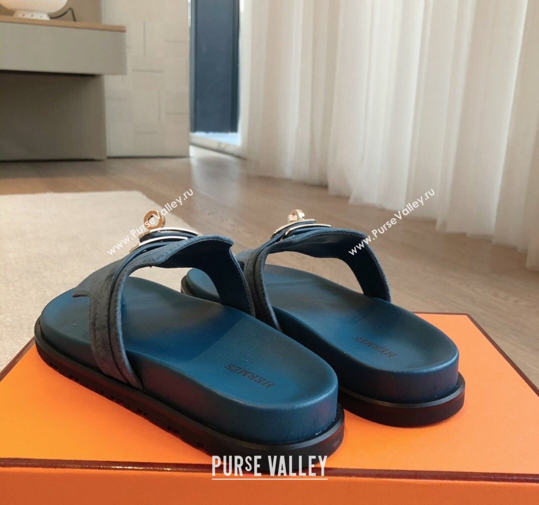 Hermes Empire Thong Slide Sandal in Suede with Kelly Buckle Dark Blue 2024 (XC-240703024)