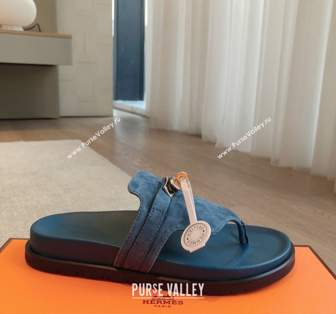 Hermes Empire Thong Slide Sandal in Suede with Kelly Buckle Dark Blue 2024 (XC-240703024)