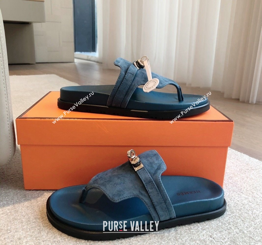 Hermes Empire Thong Slide Sandal in Suede with Kelly Buckle Dark Blue 2024 (XC-240703024)